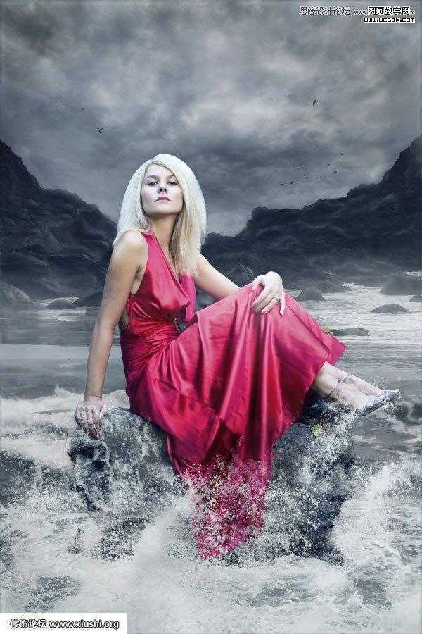Photoshop合成制作梦幻的海边在坐岩石上的美女图片教程