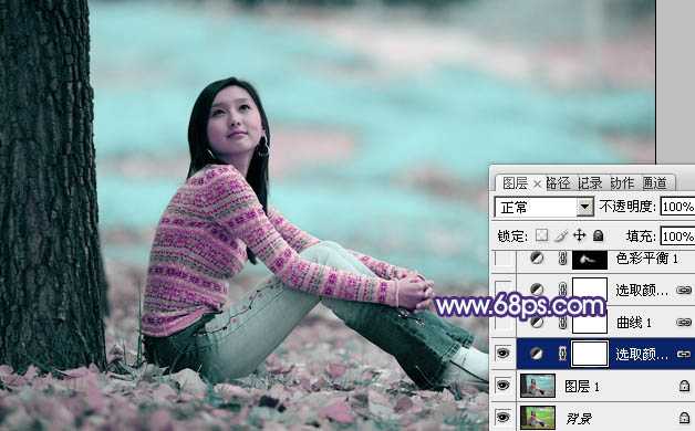 Photoshop为草地上的人物图片增加上梦幻的青紫色