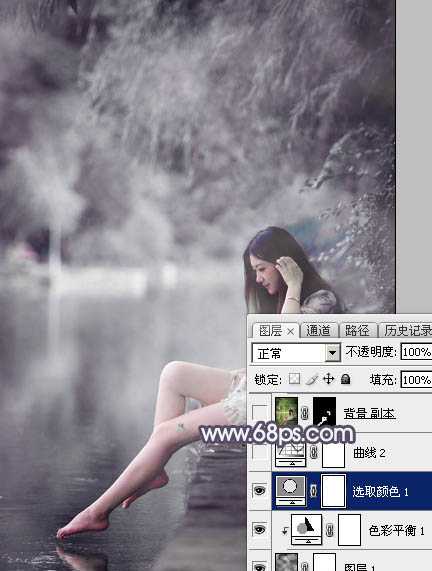 Photoshop将湖景美女图片打造出个性的中性暗蓝色