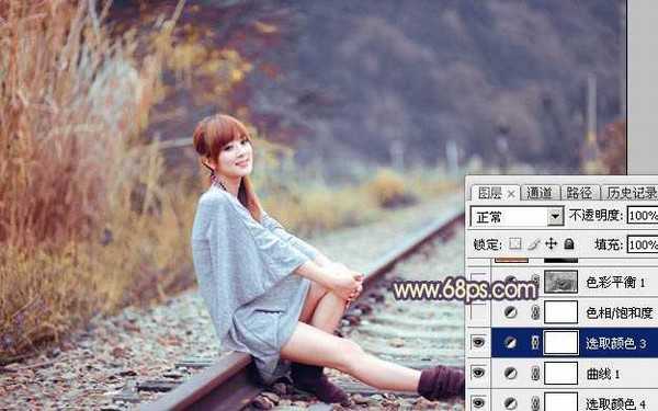 Photoshop为铁轨上的美女增加甜美的晨曦暖色