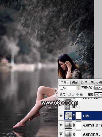 Photoshop调出暗调古典冷褐色水边的美女图片