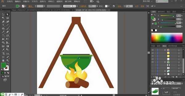 ai怎么设计火堆煮鱼的插画? ai烤鱼架矢量图的画法